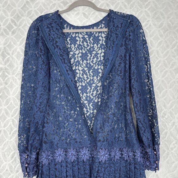 Antique 1920s Flapper Dress S Blue Lace Drop Waist Roaring Gatsby Vtg Jazz Dance - Picture 6 of 13